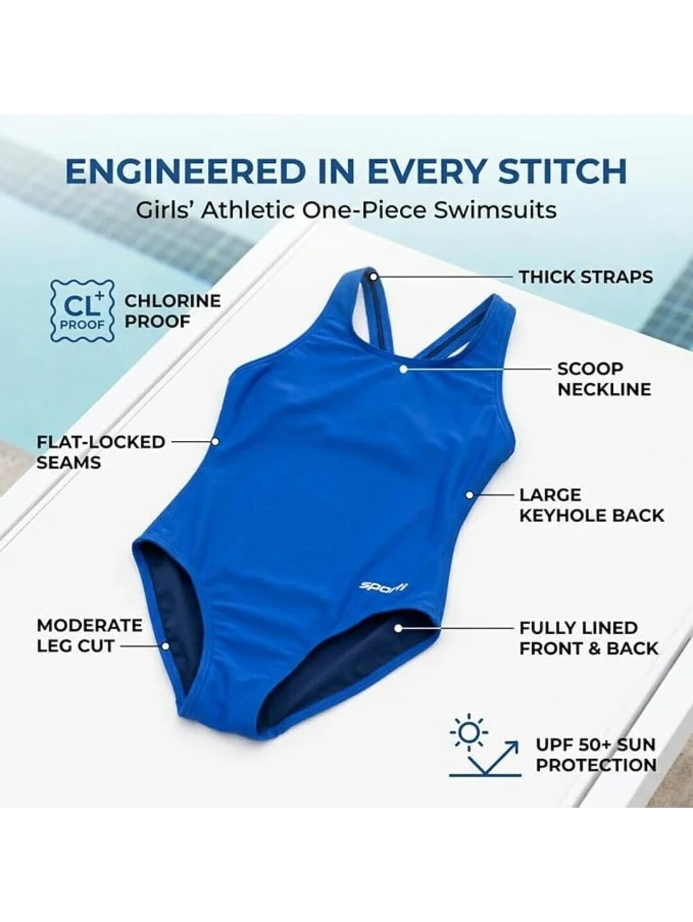 NWT Sporti Girls One Piece Moderate Coverage Fully Lined Swimsuit, 26 (10-12 yr)